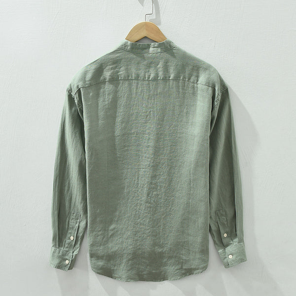 Camisa de Lino con Cuello Mao y Mangas Largas - Corte Holgado Casual