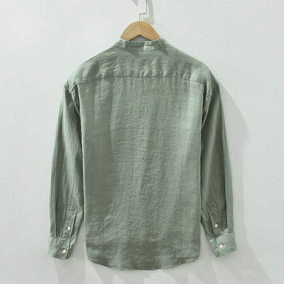 Camisa de Lino con Cuello Mao y Mangas Largas - Corte Holgado Casual