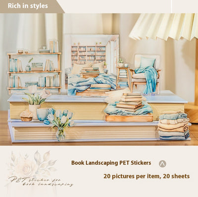 Set of 20 PET stickers featuring watercolor illustrations of cozy reading nooks, bookshelves, books, and related items. - Image 28