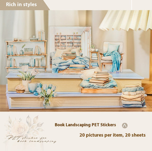 Set of 20 PET stickers featuring watercolor illustrations of cozy reading nooks, bookshelves, books, and related items. - Image 28