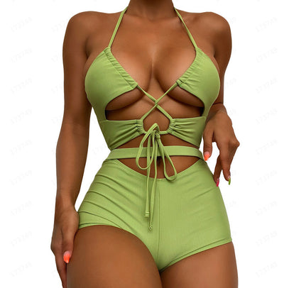 Solid neon orange string bikini with a halter top featuring a keyhole cutout and tie-side bottoms. - Image 29