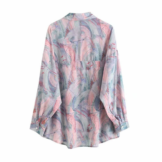 Camisa Suelta Protección Solar Azul Hielo Otoño con Estampado Artístico para Mujer - Image 2