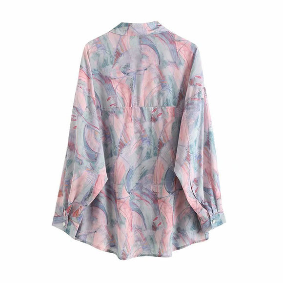Camisa Suelta Protección Solar Azul Hielo Otoño con Estampado Artístico para Mujer