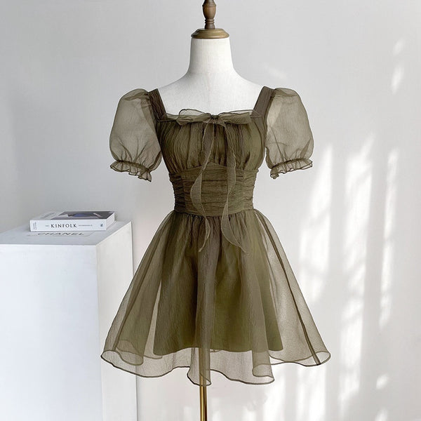 Falda Midi Cuello Cuadrado Gris Humo Verde - Elegancia para el Té