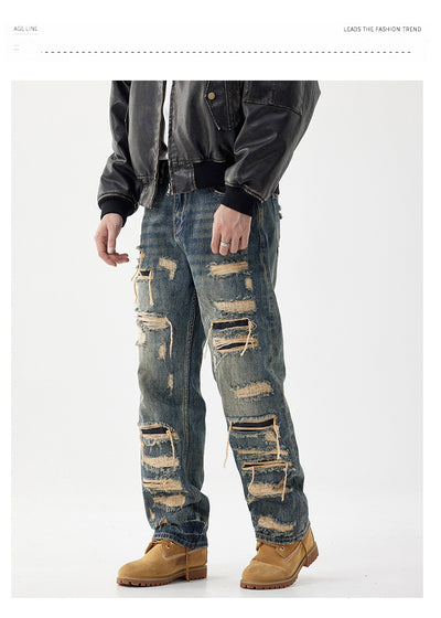 Pantalones Vaqueros Anchos Rotos con Detalles de Agujeros y Parches Personalizados para Hombre - Image 9