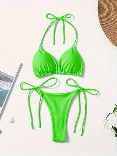 Red solid color two-piece bikini swimsuit with a halter tie-top and adjustable tie-side thong bottom. - Image 12