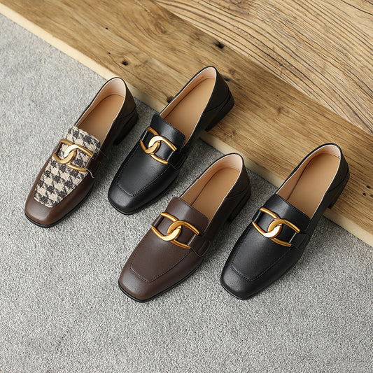 Zapato Plano de Cuero Mujer con Hebilla Retro y Diseño Escocés