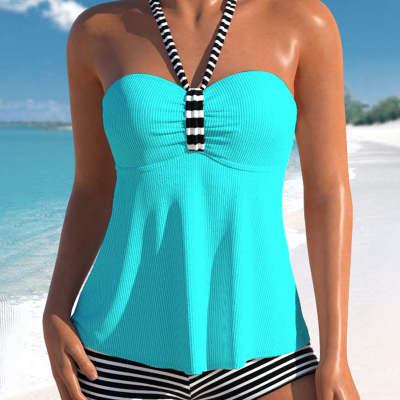 Green ribbed off-shoulder tankini top with striped halter strap and black and white striped boy short swimsuit. - Image 7