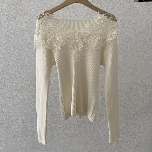 Suéter Tejido con Encaje Calado y Cuello en V para Mujer - Colección Otoño Invierno - Image 4