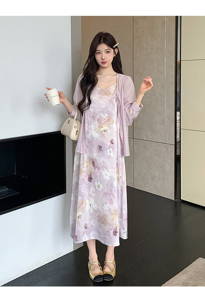 Conjunto Dos Piezas: Vestido Slip Estampado Morado con Cardigan Suave - Image 14