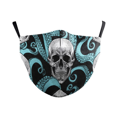 Dark green dust mask with a pattern of white skulls, blue flowers, and pink butterflies, featuring black ear loops. - Image 16