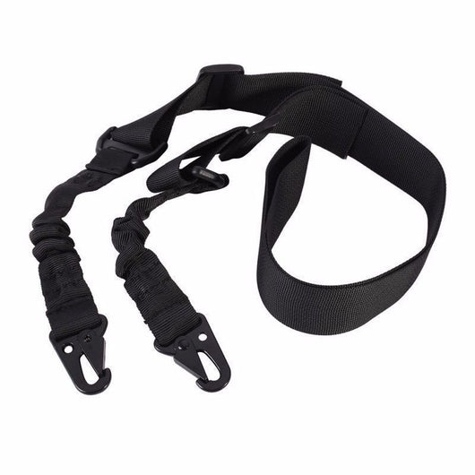 Black crossbody nylon strap with elastic sections, adjustable buckles, and two metal hooks for tension adjustment. - Image 7