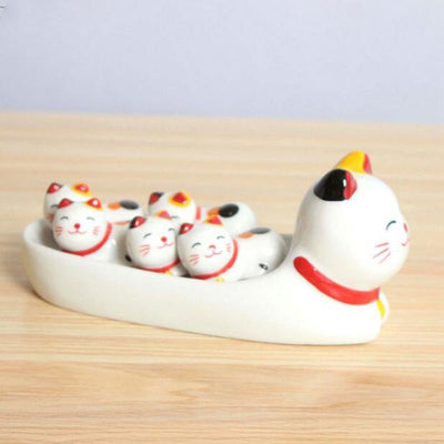 Soporte Decorativo de Cerámica para Palillos Chinos - Diseño Gato de la Fortuna
