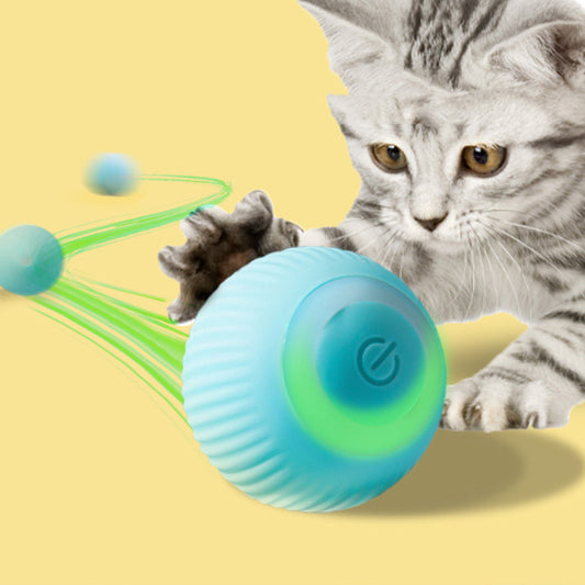 Pink USB rechargeable electric rolling ball cat toy with a textured surface and a power button, shown with its charging cable.
