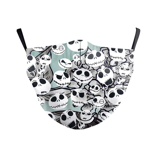 Black double-layer dust mask with a steampunk skull clown digital print, featuring gears, rivets, and a zipper.