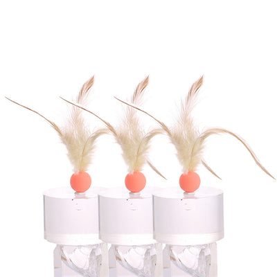 Three cat toys with pink balls and natural beige feathers, displayed on clear stands against a white background. - Image 14