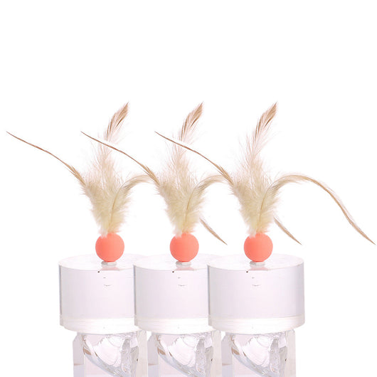 Three cat toys with pink balls and natural beige feathers, displayed on clear stands against a white background. - Image 14