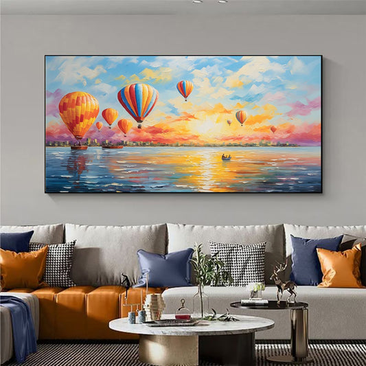 Cuadro de Lienzo Abstracto con Globo Aerostático y Barco en Óleo - Arte Moderno para Sala de Estar