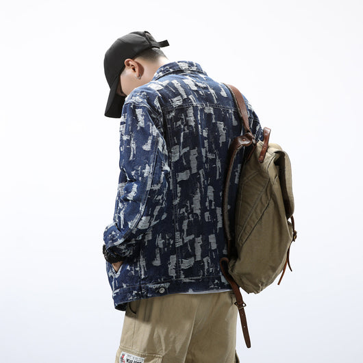 Chaqueta Denim Jacquard para Hombre Estilo Retro Japonés con Detalles Rotos - Image 5
