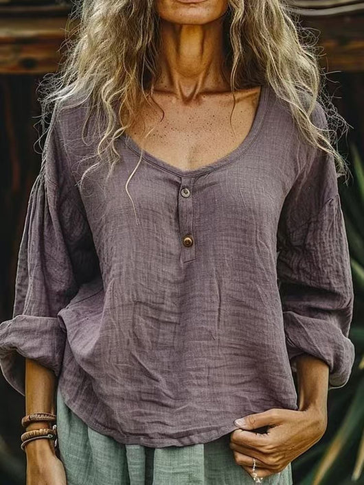 Blusa Lino Suelta Casual Manga Larga Color Sólido para Mujer - Image 9