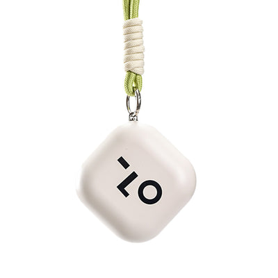 Light green square hand warmer with rounded corners and a black smiley face, hanging from a two-tone lanyard. - Image 5