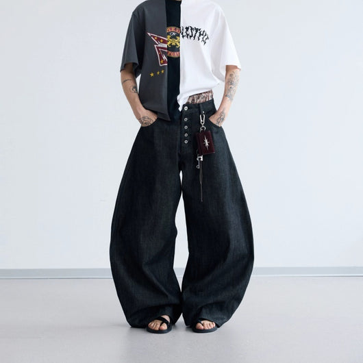 Pantalones Vaqueros Negros de Pierna Ancha en Denim Crudo
