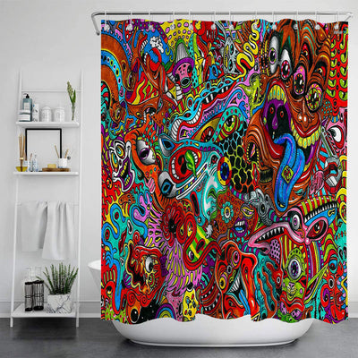 Vibrant psychedelic shower curtain with an abstract digital print featuring an elephant head and cannabis leaves in bright colors. - Image 26