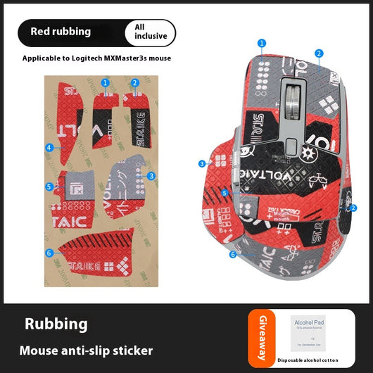 Red and black anti-slip sticker set with geometric and text patterns for Logitech MX Master 3s mouse. - Image 12