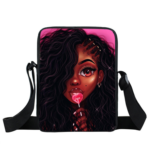 Bolso Diagonal con Diseño de Niña Afro - Negro - Image 8