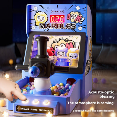 Red tabletop marble game machine with a joystick, buttons, and a lighted display, featuring colorful marbles. - Image 4