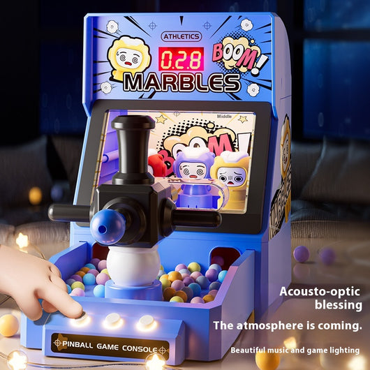 Red tabletop marble game machine with a joystick, buttons, and a lighted display, featuring colorful marbles. - Image 4