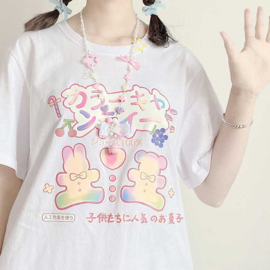 Blusa Holgada Estilo Colegiala Japonesa con Estampado Conejito Dulce para Verano - Image 4