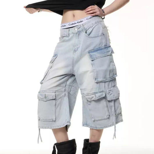 Pantalones Cortos Cargo Denim Retro Multibolsillos para Mujer - Verano Suelto Efecto Lavado - Image 9