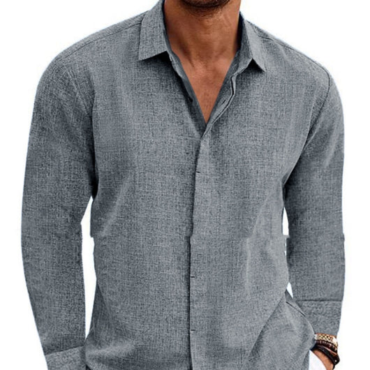 Camiseta Manga Larga Hombre Algodón Lino Cuello Redondo Básica - Image 7