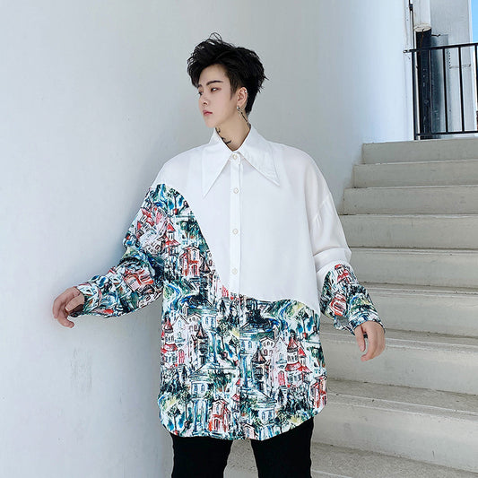 Camisa Suelta Asimétrica con Estampado de Arquitectura Graffiti para Hombre - Image 2