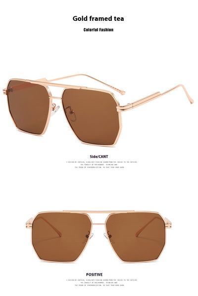 Gold frame double gray polygonal sunglasses with a double beam design and gradient lenses. - Image 17