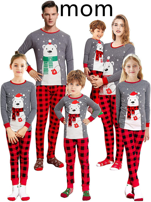 Family of five wearing matching gray and red buffalo plaid Christmas pajamas with polar bear print. - Image 9