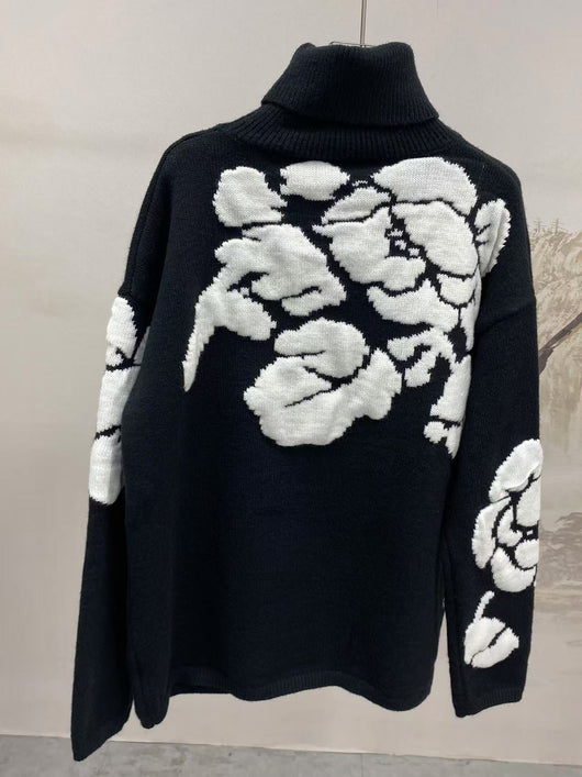 Suéter Retro de Punto Holgado con Cuello Alto y Flores Tridimensionales - Image 13
