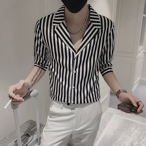 Camisa Slim Fit a Rayas Manga Corta para Hombre - Image 3
