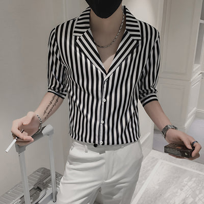 Camisa Slim Fit a Rayas Manga Corta para Hombre - Image 3
