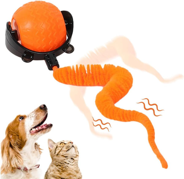 Interactive blue pet ball toy with a fuzzy worm attachment, captivating a brown dog and a tabby cat.
