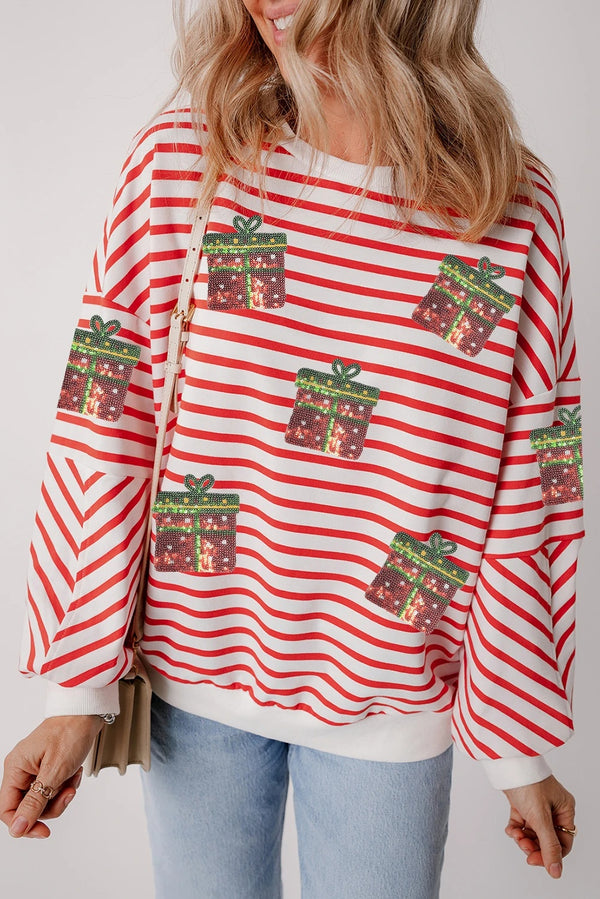 Sudadera Navideña con Lentejuelas y Rayas Naranjas - Hombros Caídos - Image 3