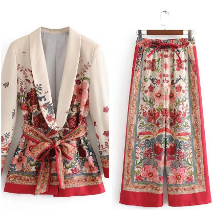 Traje Casual de Otoño para Mujer con Blazer Estampado y Cinturón, Pantalón Ancho