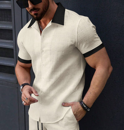 Camisa Casual Hombre Jacquard Bloques de Color Manga Corta - Image 10