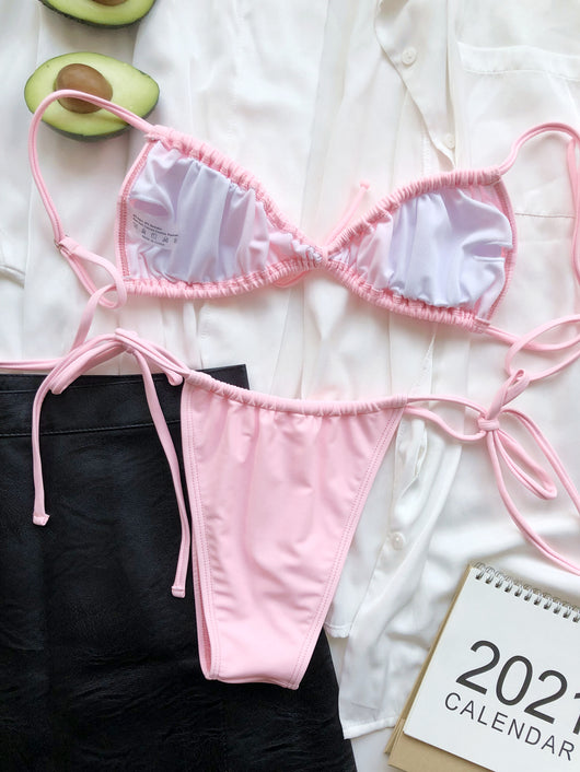 Light blue pleated bikini with triangle top and thong bottom, featuring adjustable tie closures on both pieces. - Image 20