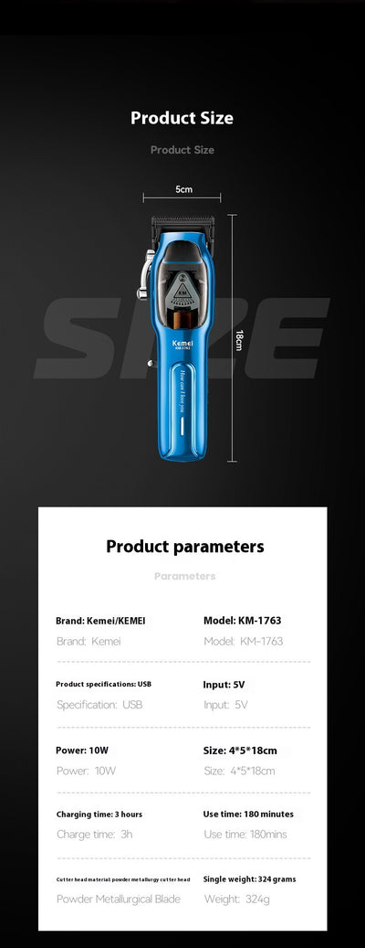 Blue electric hair clipper set with charging base, USB cable, cleaning brush, oil, and six guide combs. - Image 12