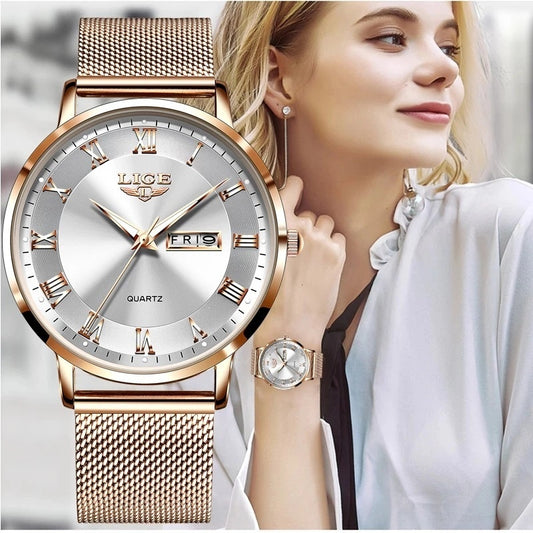 Reloj de Cuarzo Elegante para Mujer con Calendario Dual y Resistencia al Agua