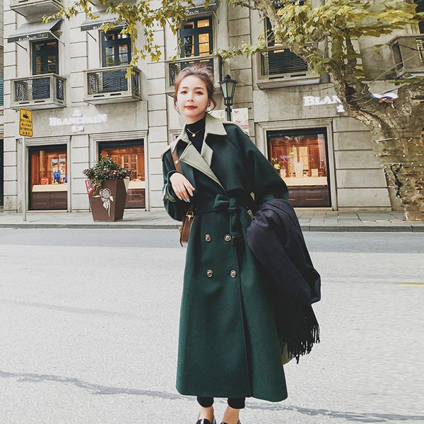 Abrigo de Lana Verde Oscuro con Costura de Diseño para Mujer - Invierno