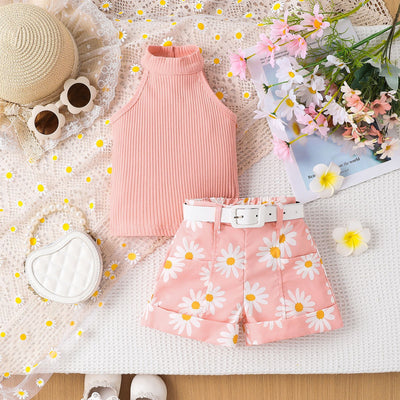 Conjunto Infantil de Shorts Estampados con Cinturón y Top Halter de Color Liso - Image 11