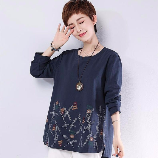 Camiseta Holgada de Algodón Estampada Talla Grande con Manga Larga